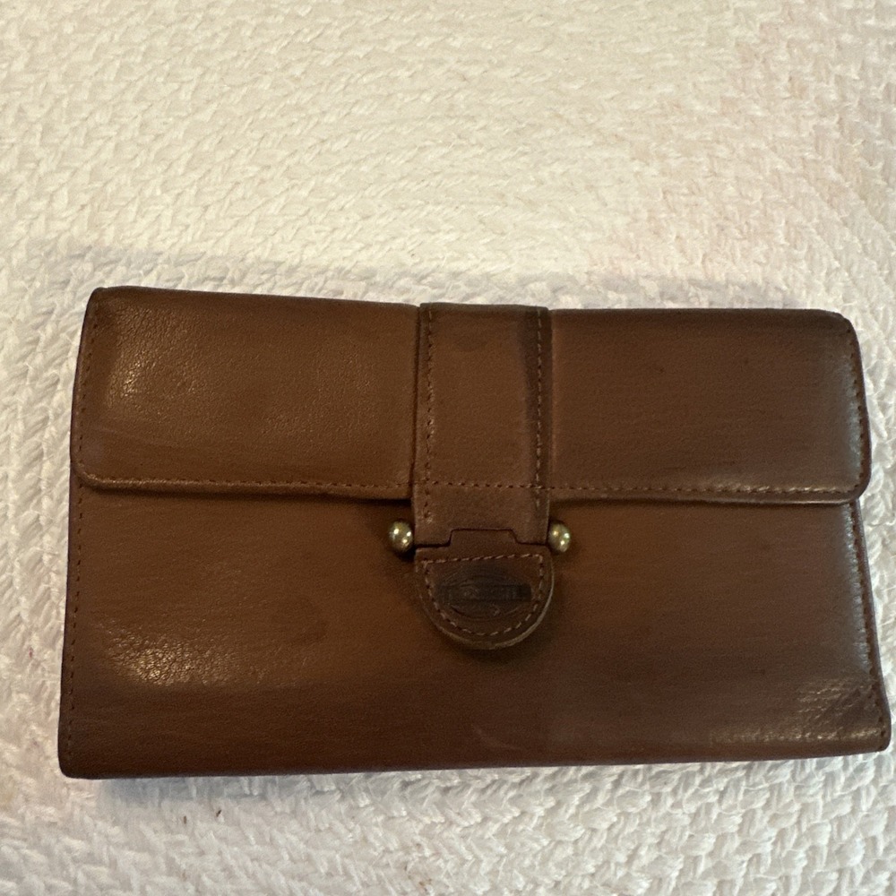Fossil Brown  Leather Wallet Fold Over Snap Closure Checkbook Cover vintage